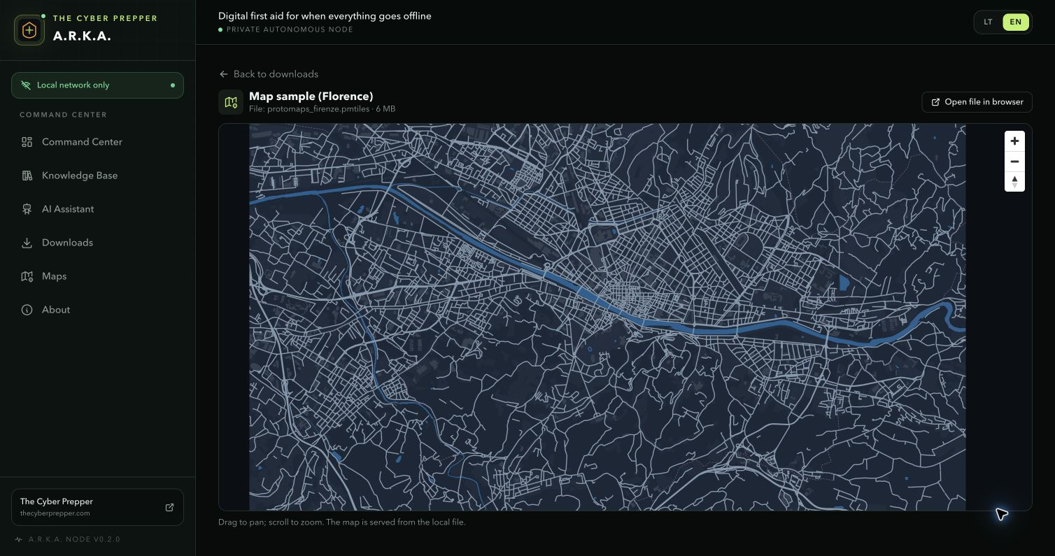 Florence PMTiles map rendered locally by A.R.K.A. during Chrome testing